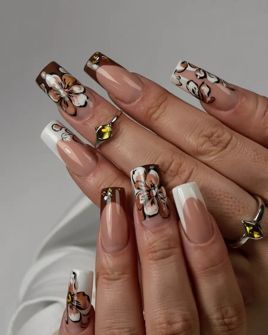long fall nails inspo 2025 Autumn Florals in Cocoa and Cream