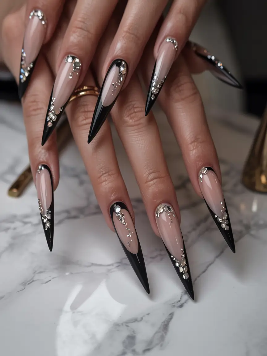 long fall nails inspo 2025 Black-Tipped Glam with Crystals