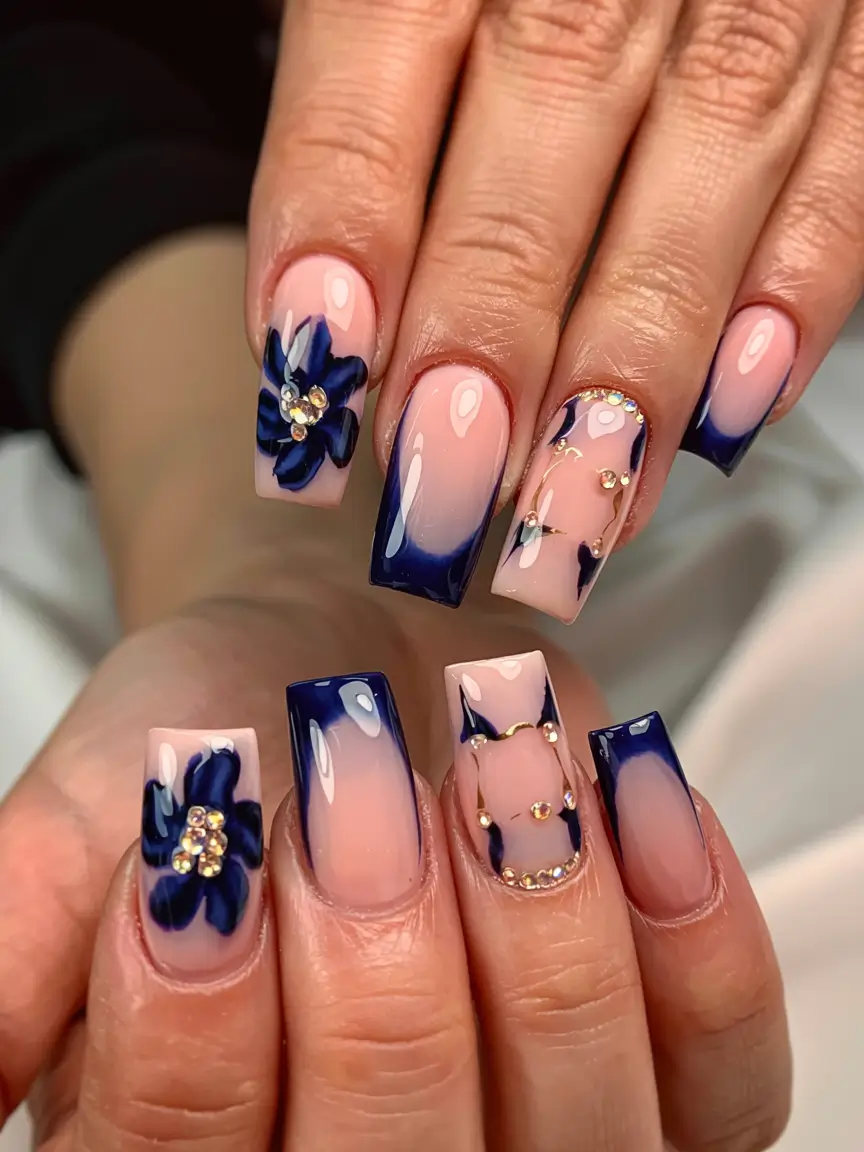 long fall nails inspo 2025 Midnight Blossoms with Blue Ombré