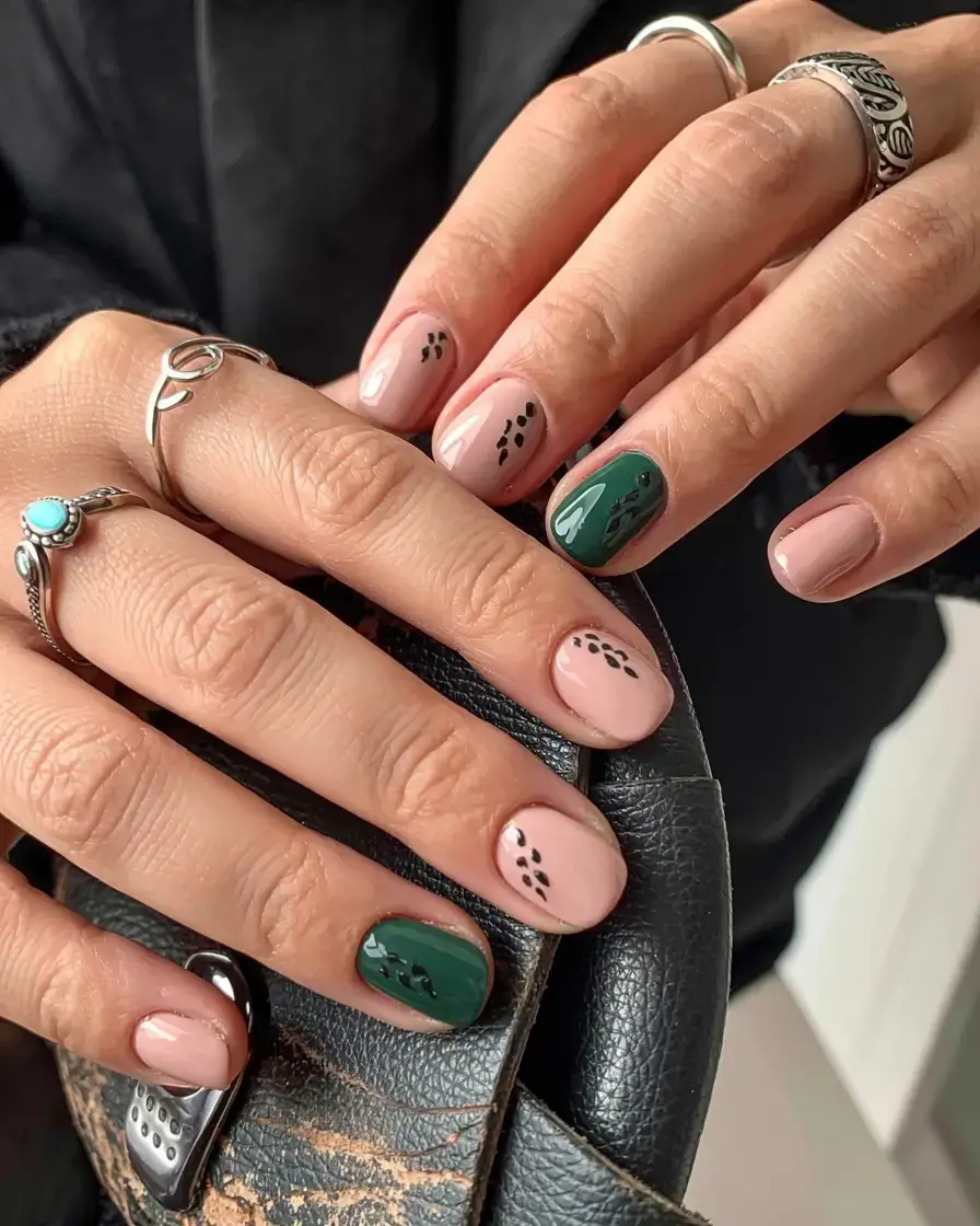 minimalist fall nails 2025 Muted Green Accents for a Seasonal Pop