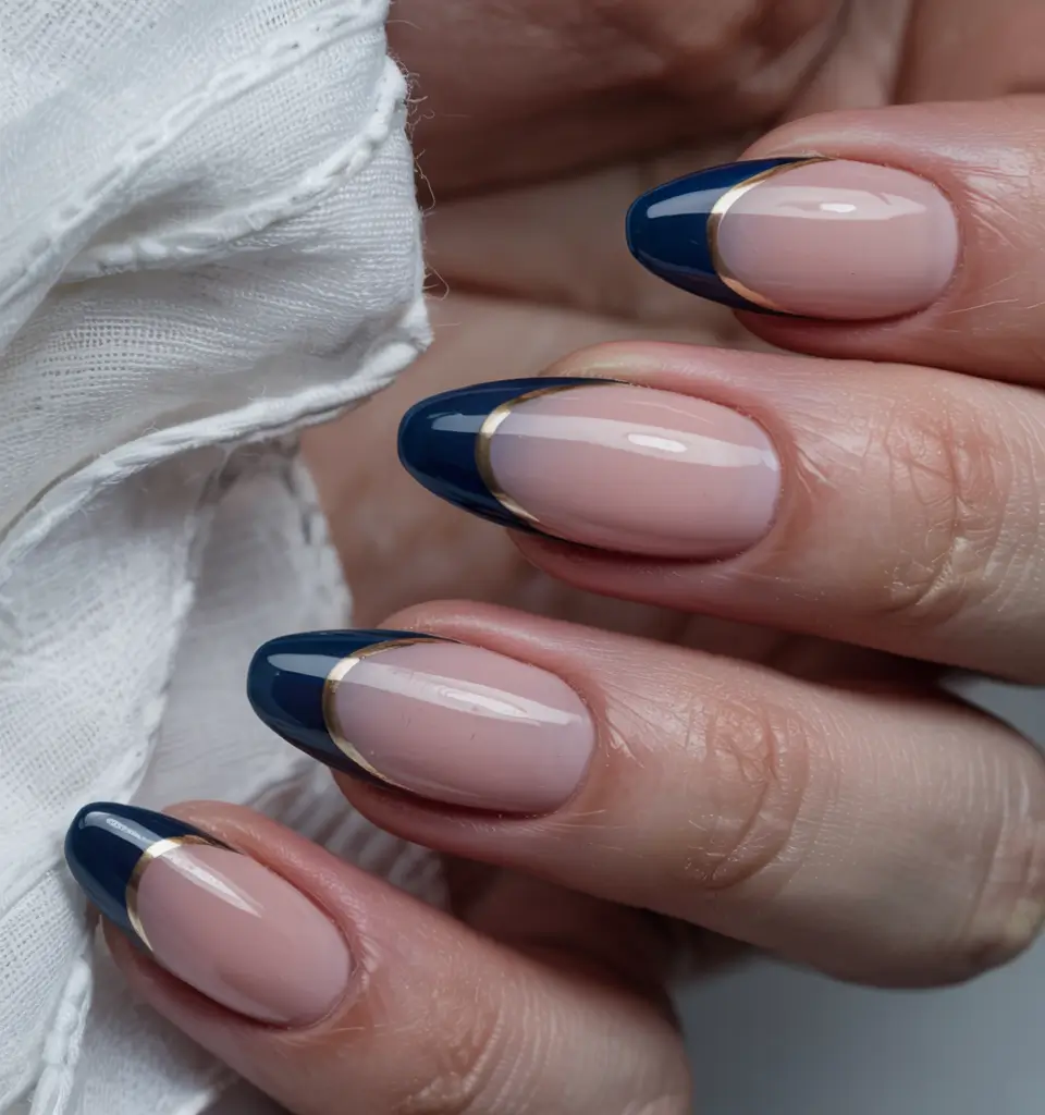 navy blue fall nail ideas for 2025 Navy French with Golden Details
