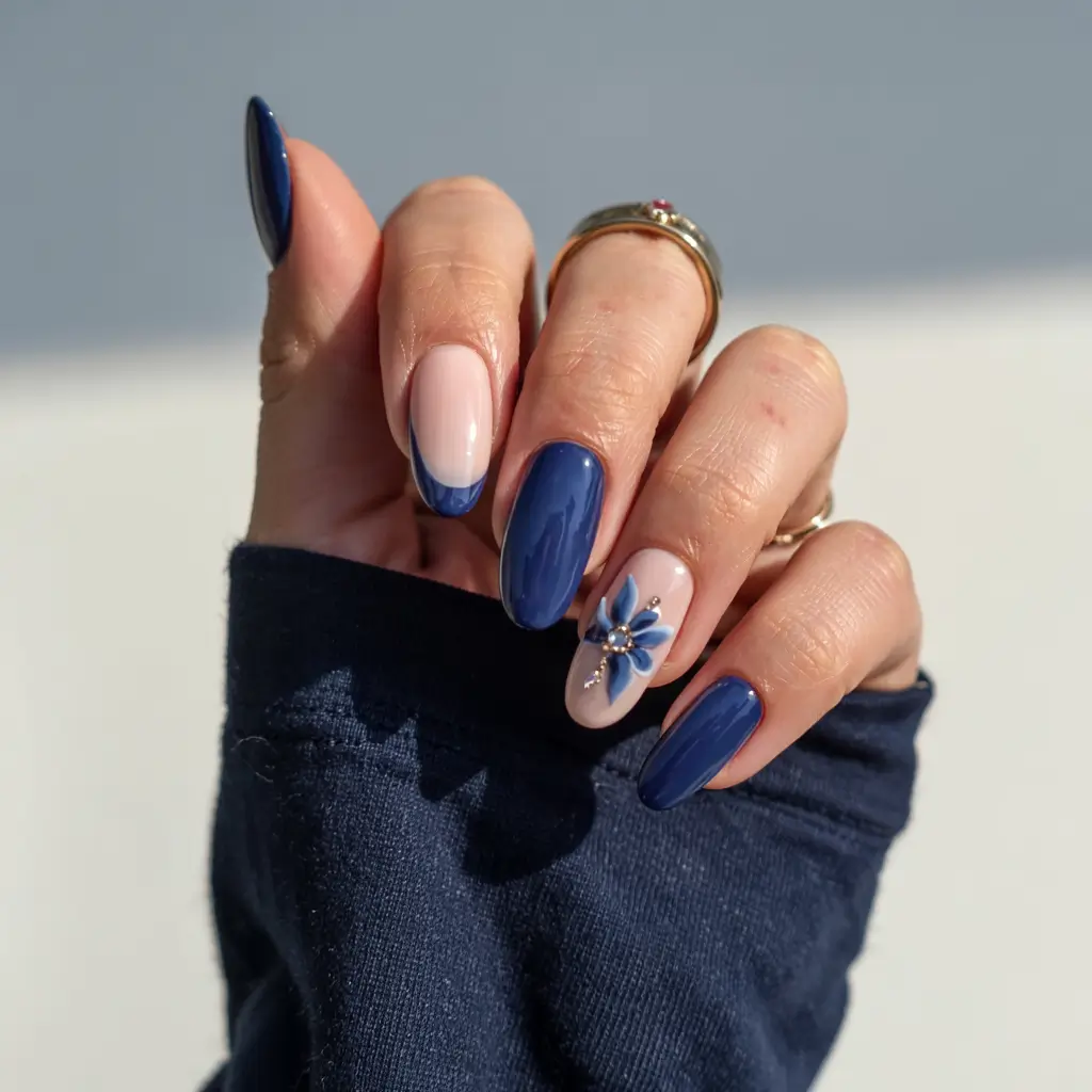 navy blue fall nail ideas for 2025 Navy Florals with a Twist