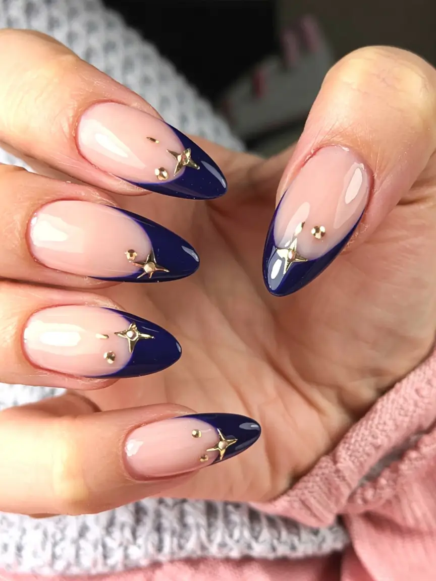 navy blue fall nail ideas for 2025 Navy French with Golden Studs