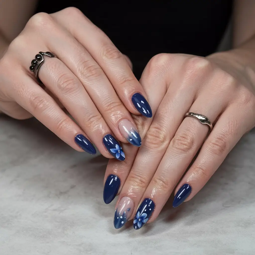 navy blue fall nail ideas for 2025 Blue Blossoms and Accents