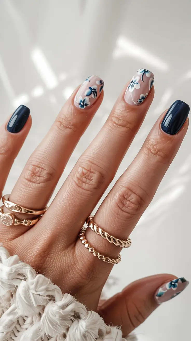 navy blue fall nail ideas for 2025 Romantic Florals with Navy Accents