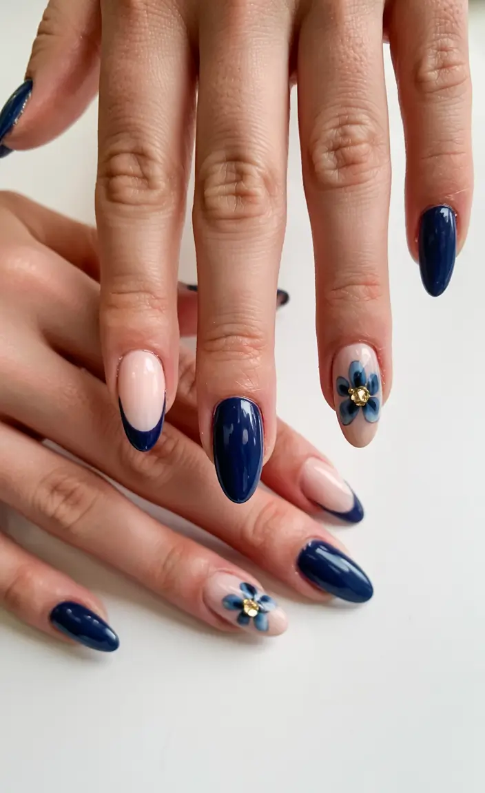 navy blue fall nail ideas for 2025 French with a Floral Twist