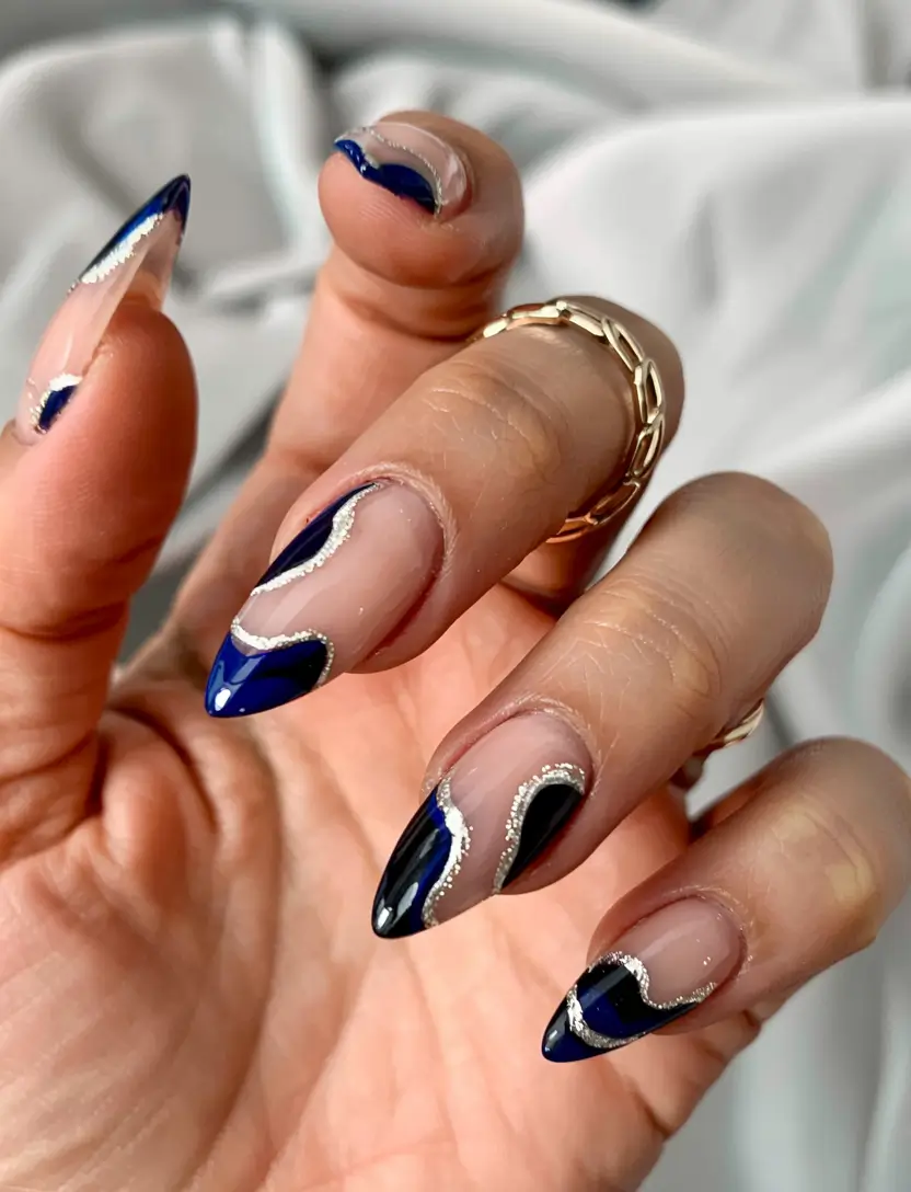 navy blue fall nail ideas for 2025 Shimmering Navy Waves