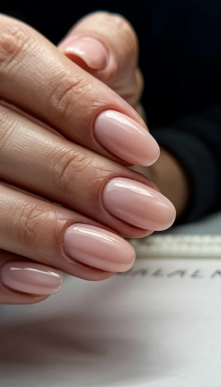 neutral fall nails 2025 Sheer Pink Almond Glow