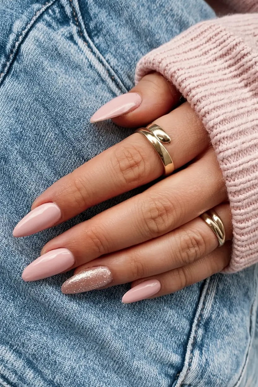 neutral fall nails 2025 Pink Glitter Accent Almonds