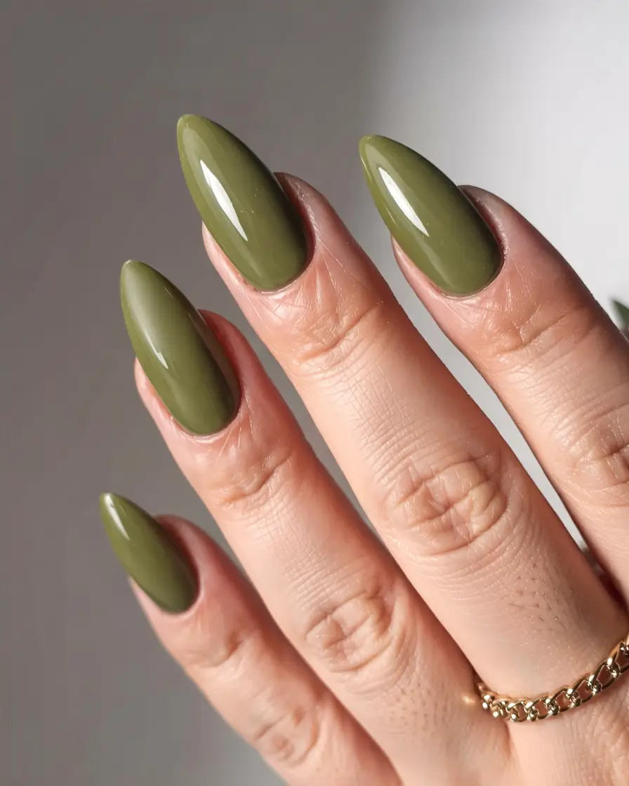 olive green fall nails 2025 Pointed Olive Sophistication