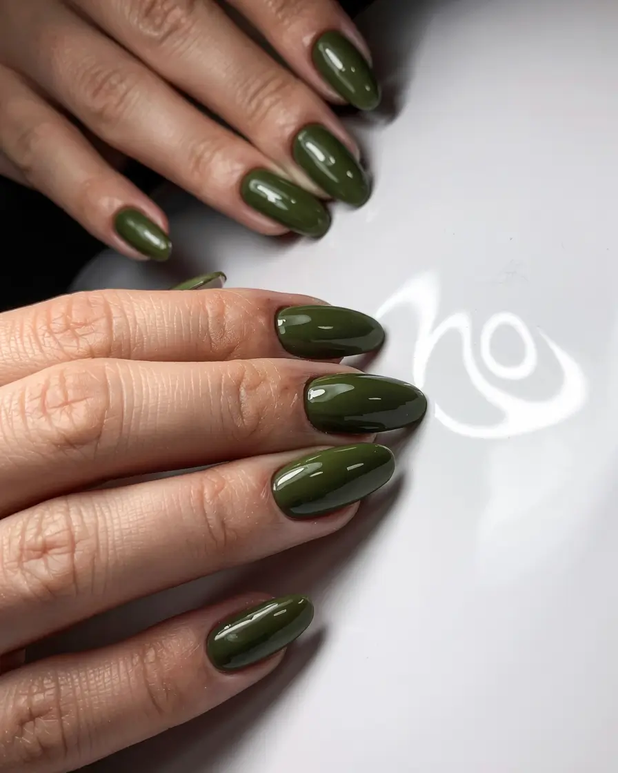 olive green fall nails 2025 Glossy Olive Classic
