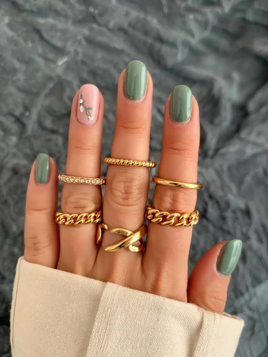 olive green fall nails 2025 Delicate Olive Bloom