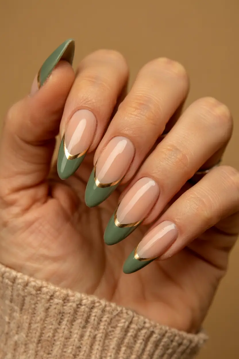 olive green fall nails 2025 Golden Olive French Drama