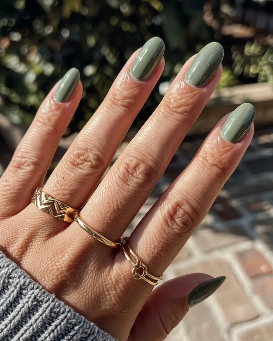 olive green fall nails 2025 Sunlit Olive Sheen