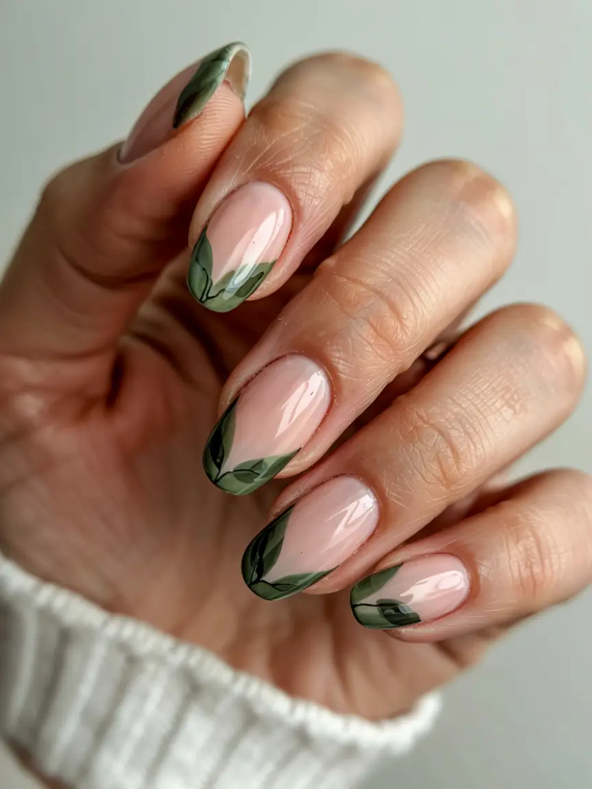 olive green fall nails 2025 Layered Olive Leaves