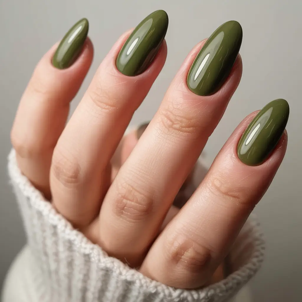 olive green fall nails 2025 Olive Almond Elegance
