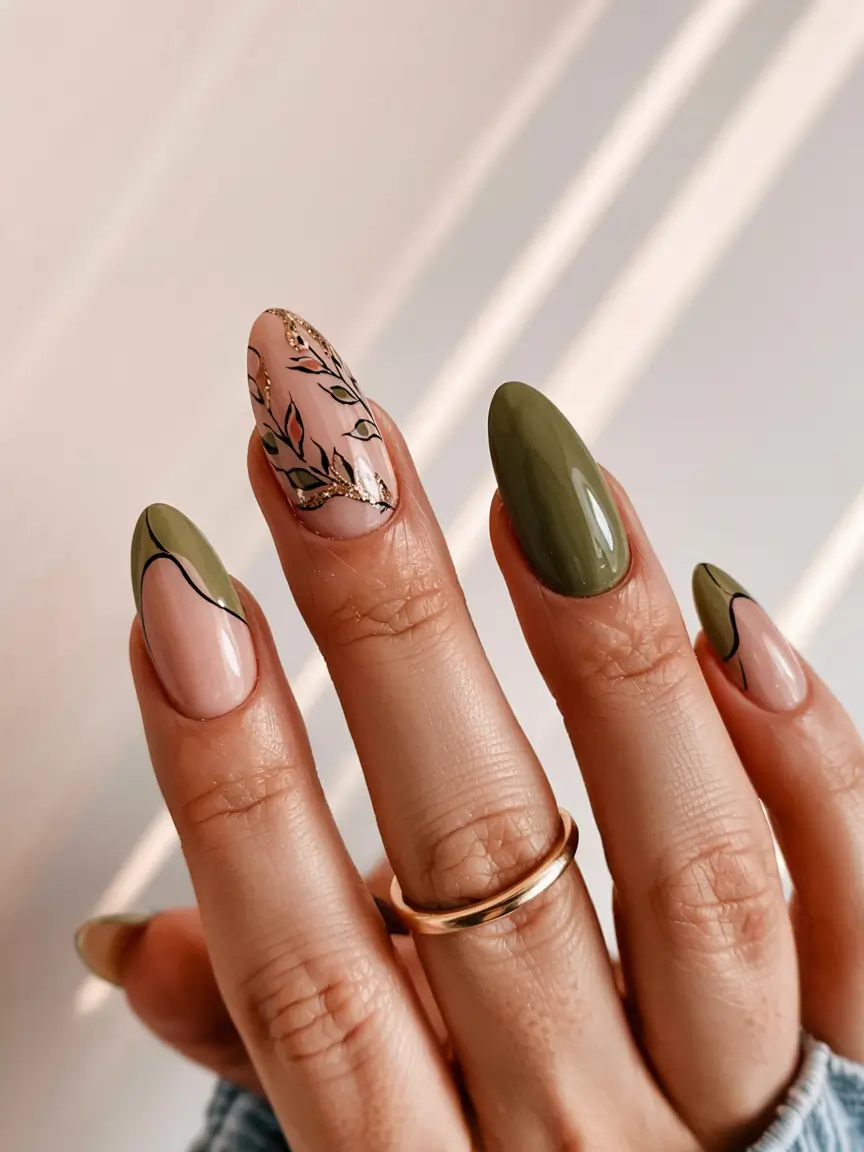 olive green fall nails 2025 Botanical Elegance