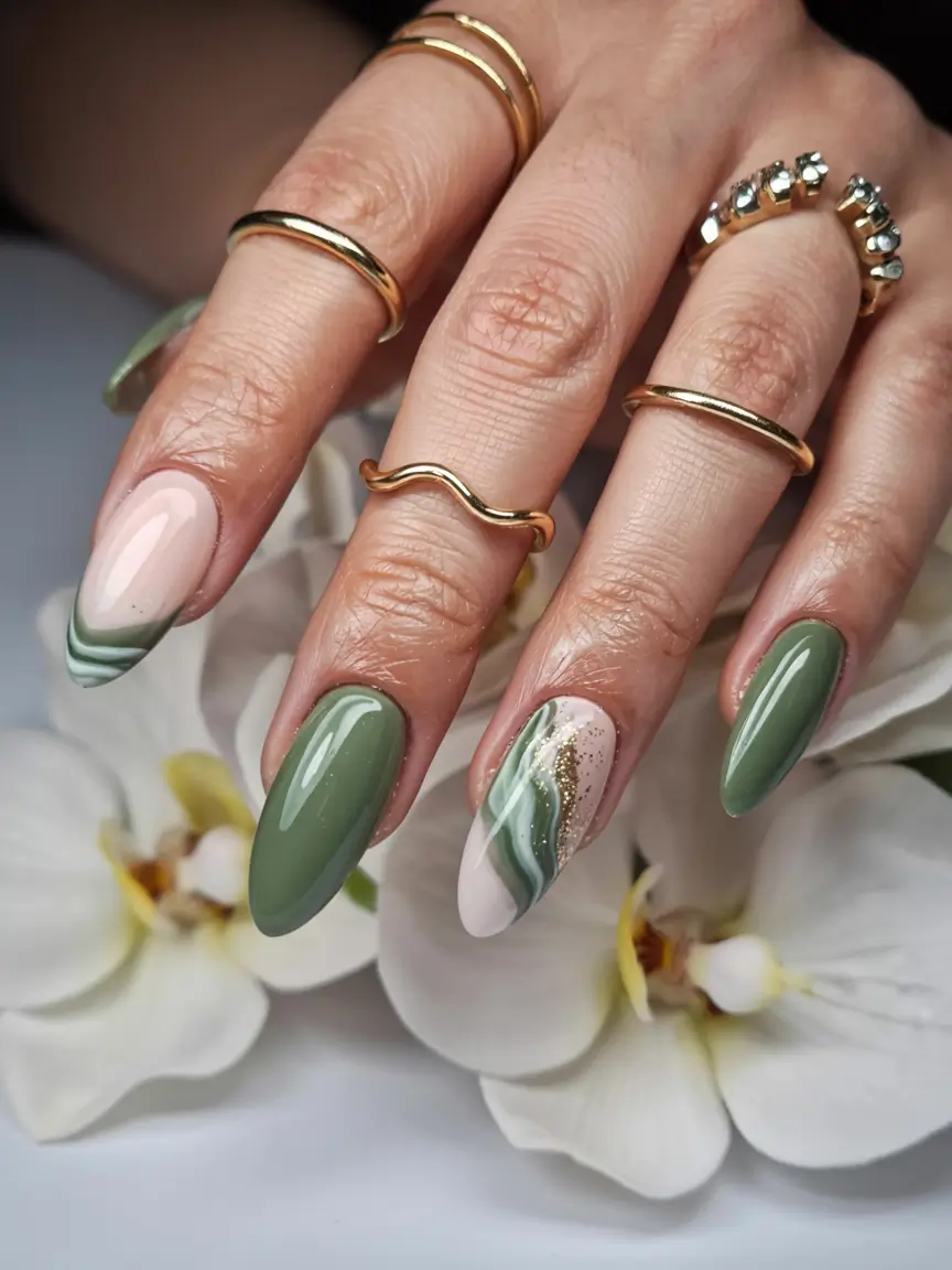 olive green fall nails 2025 Olive Marble Luxe