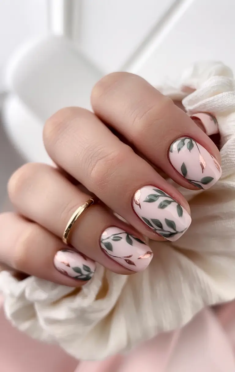 pastel fall nails ideas 2025 Botanical Rose Gold Accents