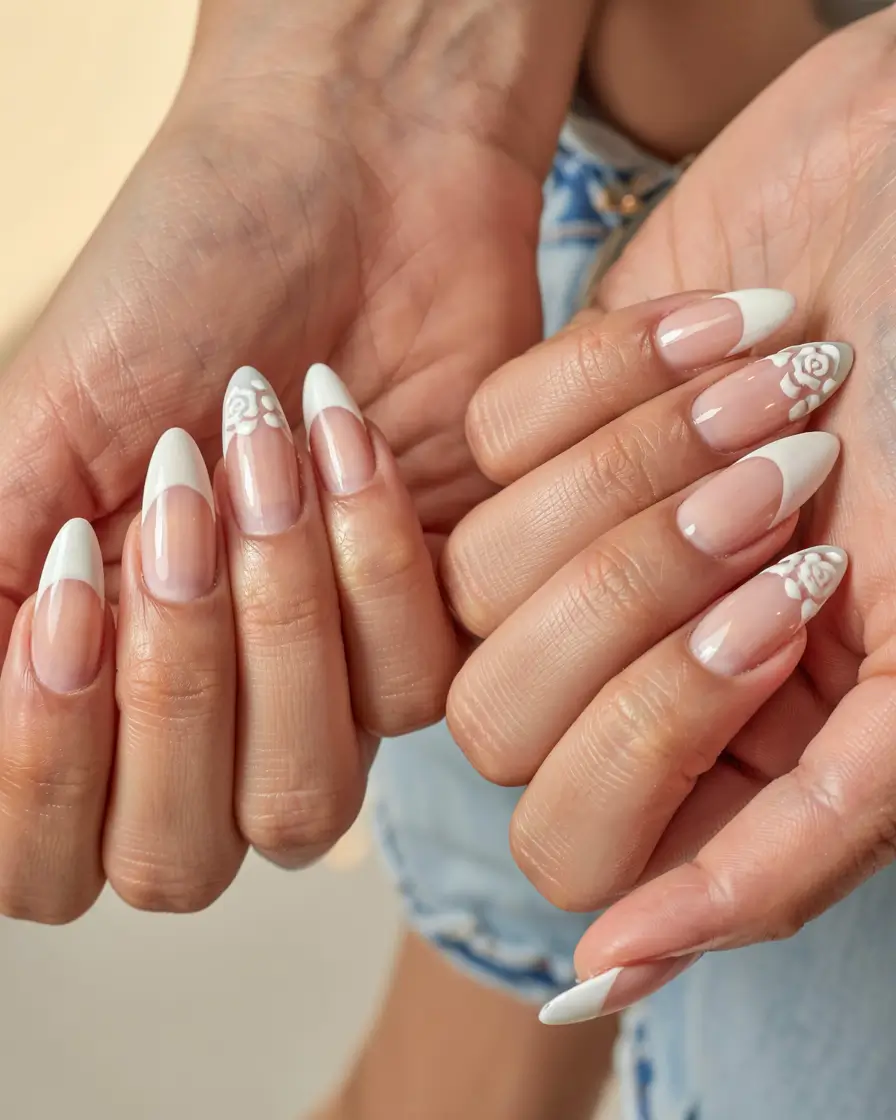 pastel fall nails ideas 2025 Classic French with Floral Twist