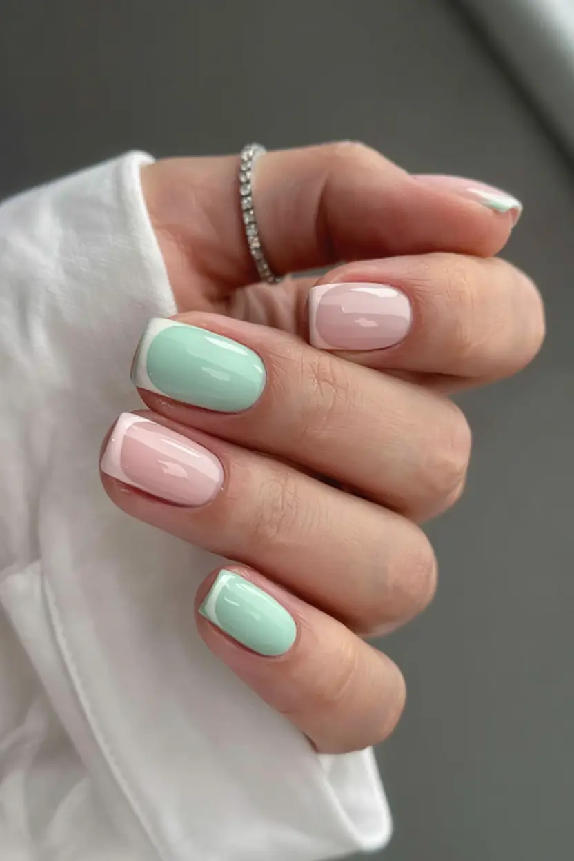 pastel fall nails ideas 2025 Mint and Nude Contrast