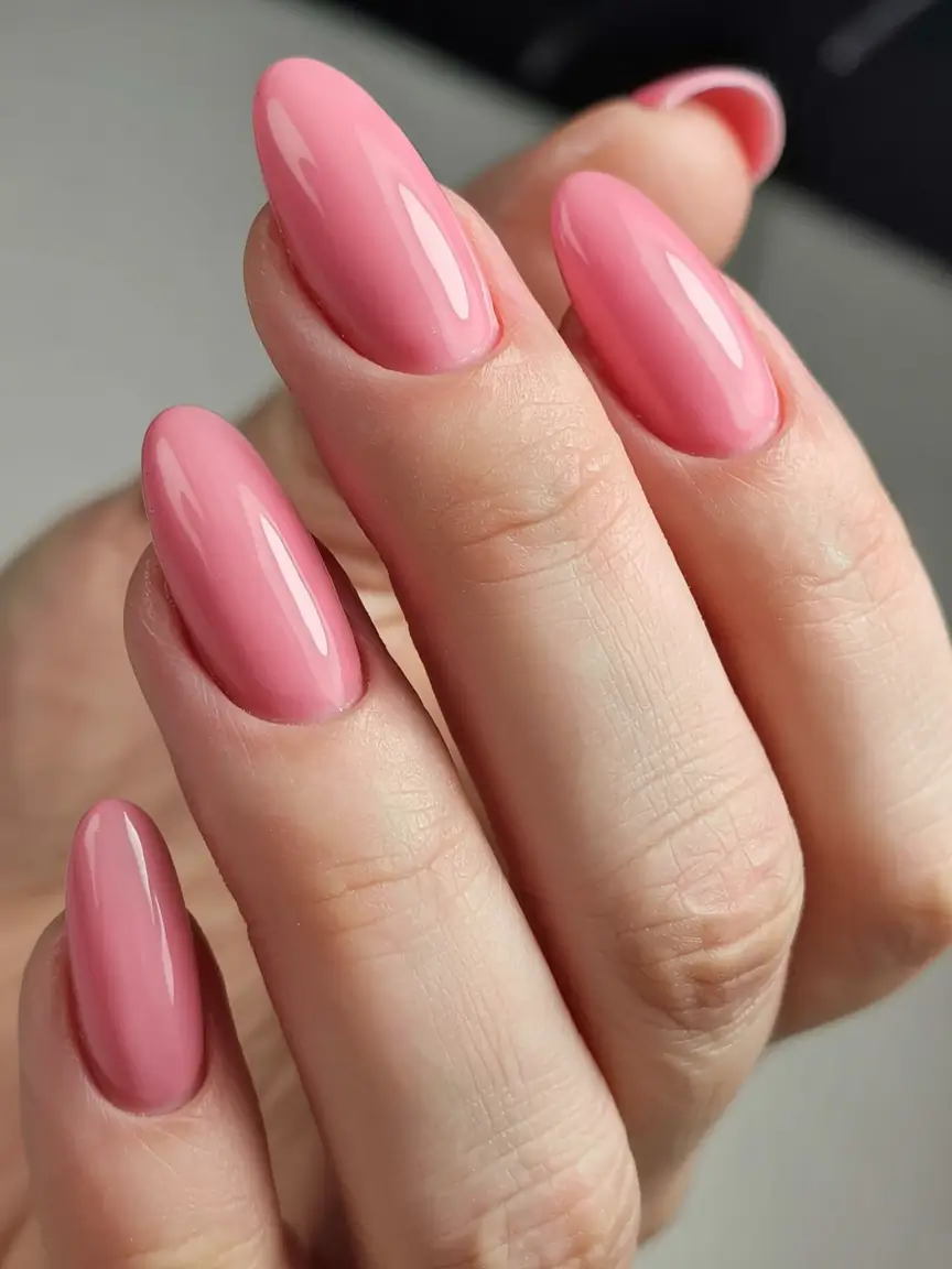 pink fall nails 2025 Glossy Rose Almonds