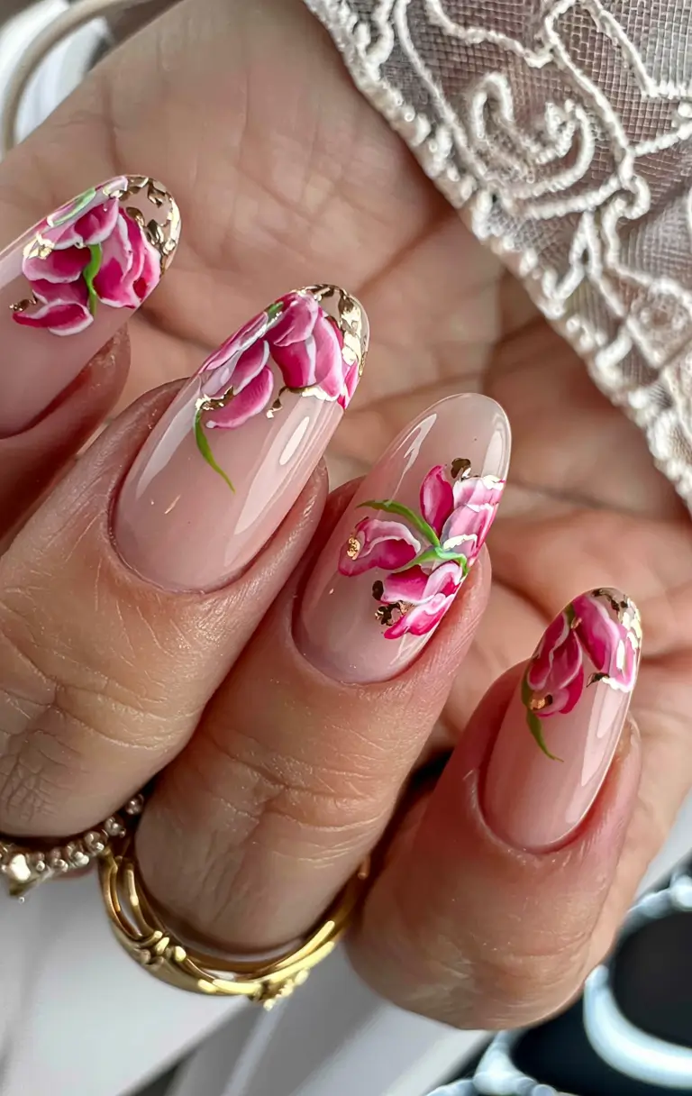 pink fall nails 2025 Floral Glam with Gold