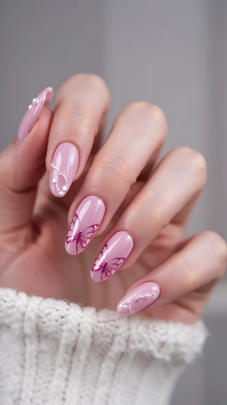 pink fall nails 2025 Butterfly & Pearl Fantasy