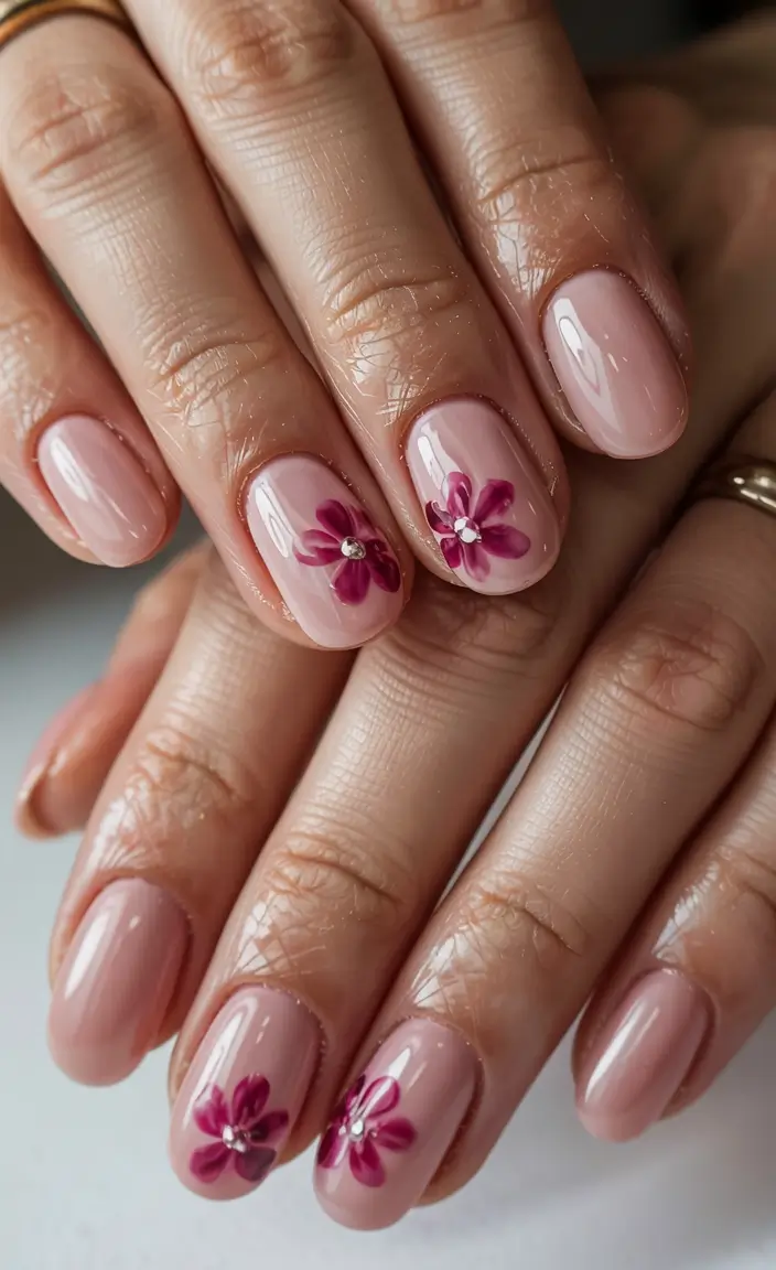 pink fall nails 2025 Soft Florals with a Touch of Sparkle