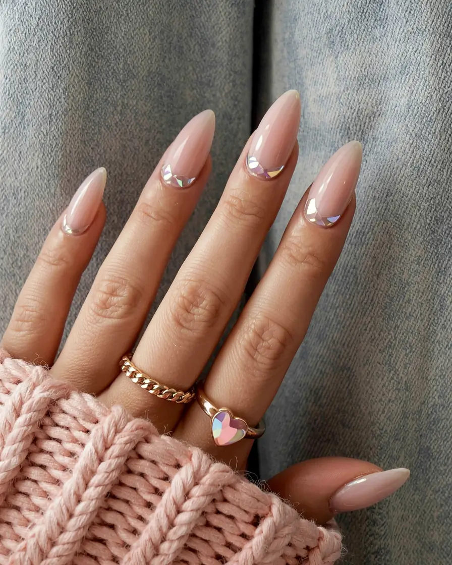 pink fall nails 2025 Crystal Accented Nude Elegance