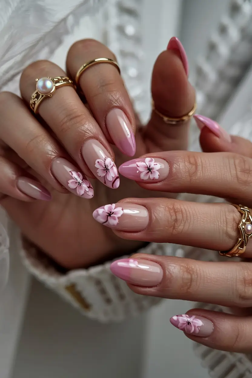 pink fall nails 2025 Delicate Floral Accents