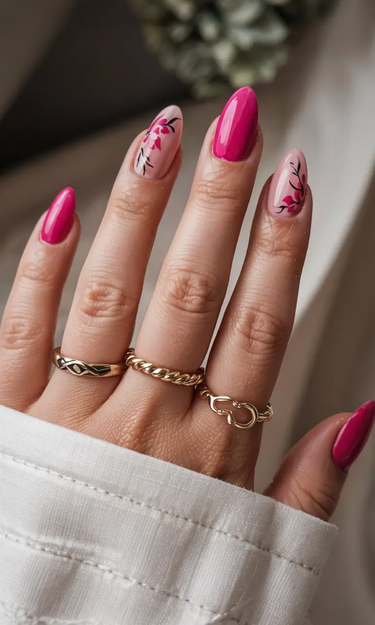 pink fall nails 2025 Bold Floral Contrast