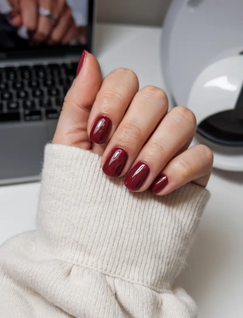 popular fall nail colors 2025 Cozy Merlot Shorties
