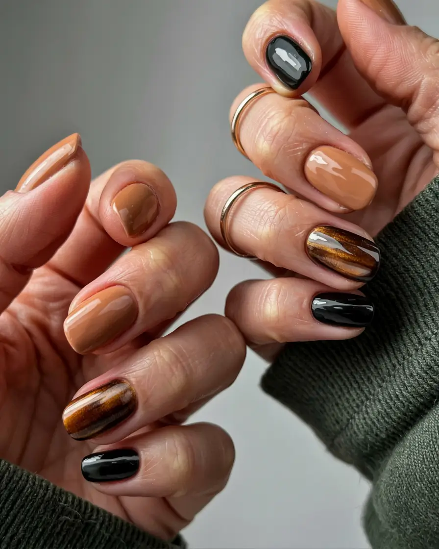 popular fall nail colors 2025 Tiger’s Eye Accent Mix