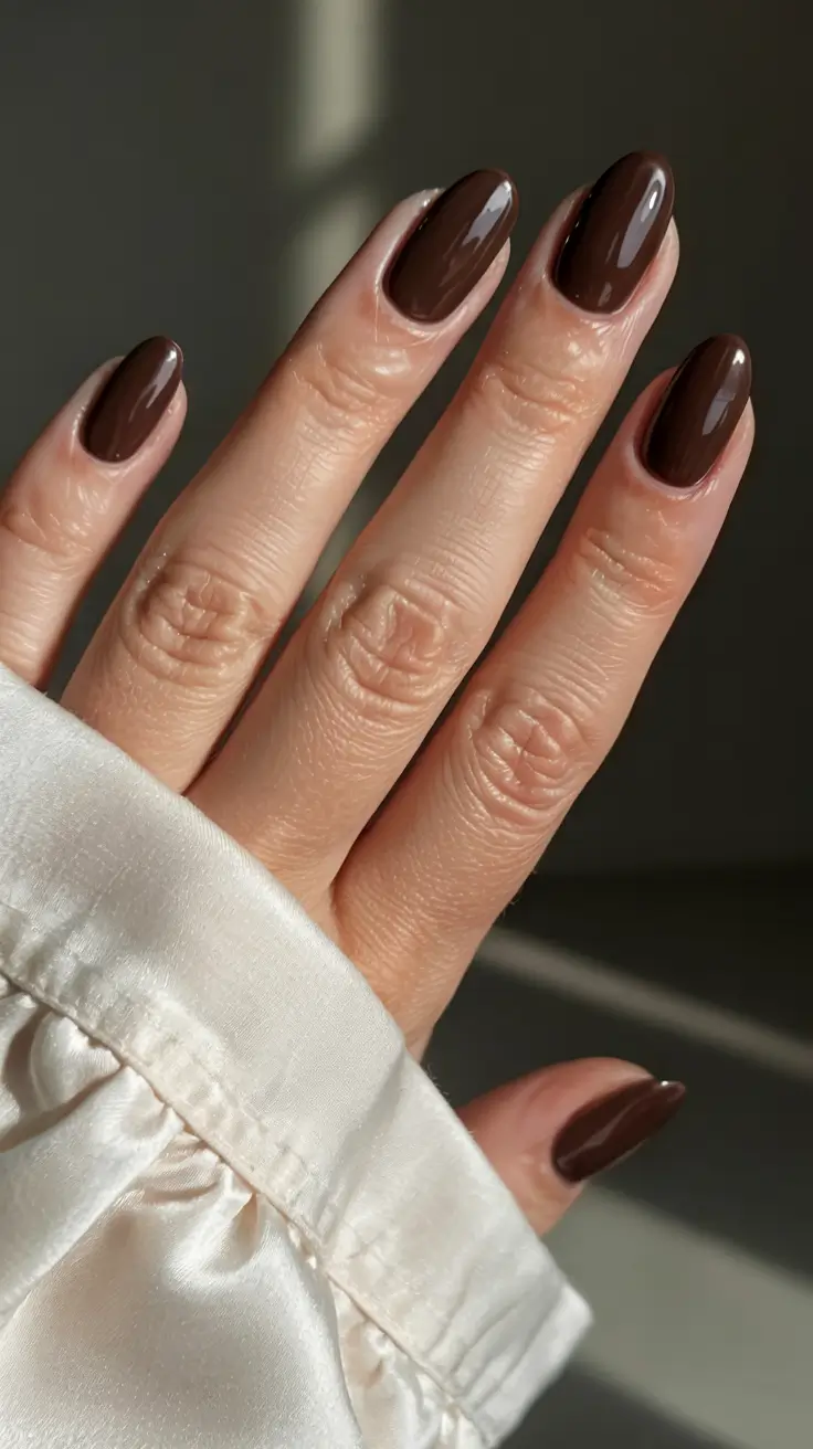 popular fall nail colors 2025 Glossy Mocha Rounds