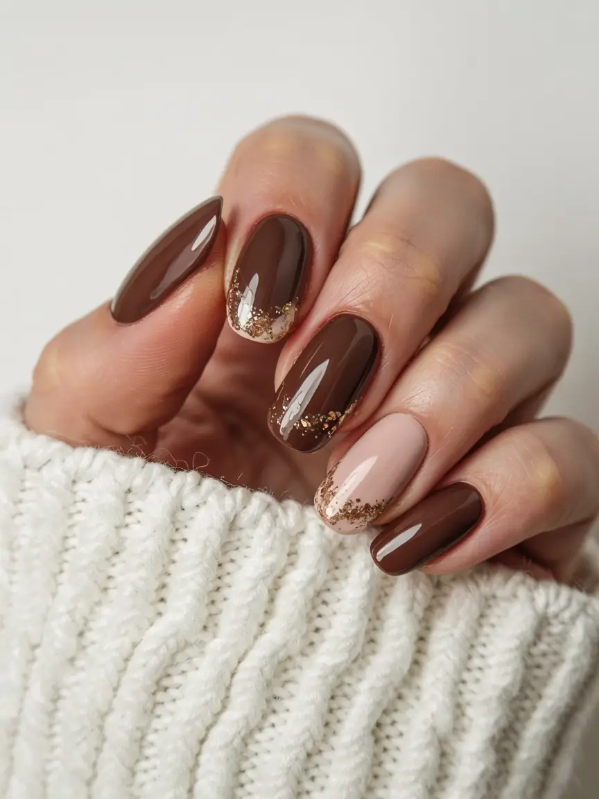 popular fall nail colors 2025 Golden Cocoa Spark