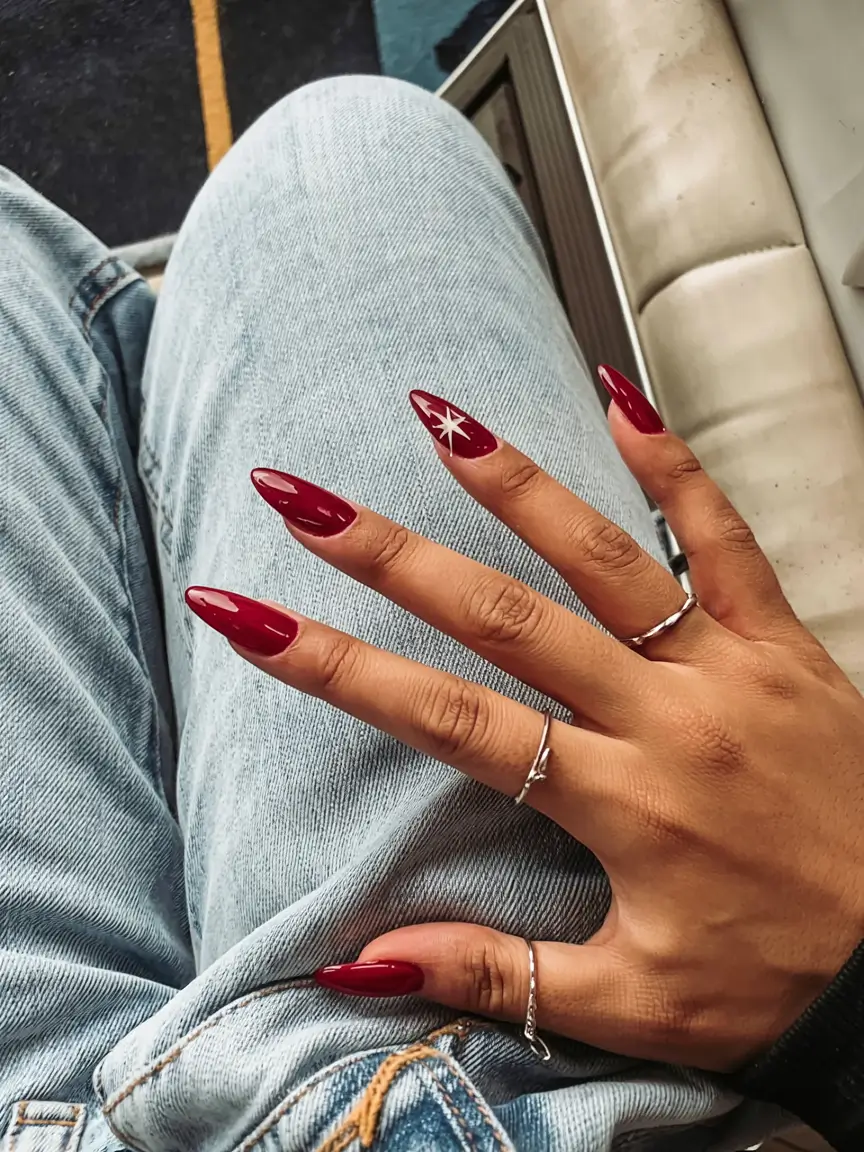 red fall nails 2025 Crimson Spark with a Star