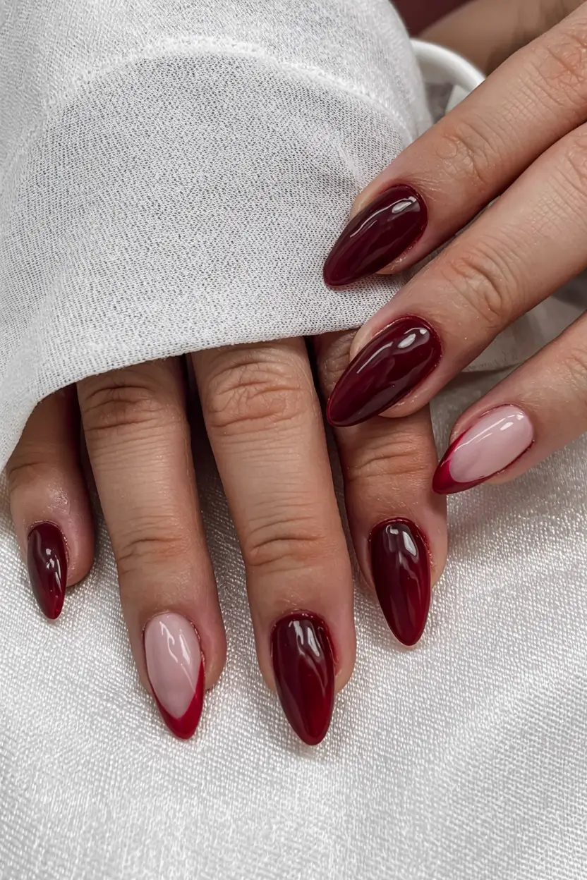 red fall nails 2025 Burgundy French Fusion
