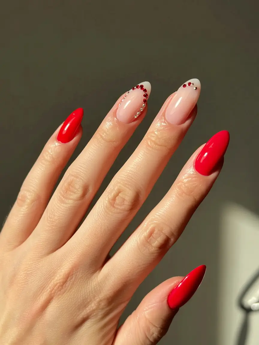 red fall nails 2025 Rhinestone Lined Drama