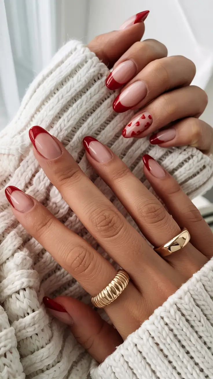 red fall nails 2025 Playful French with Mini Hearts