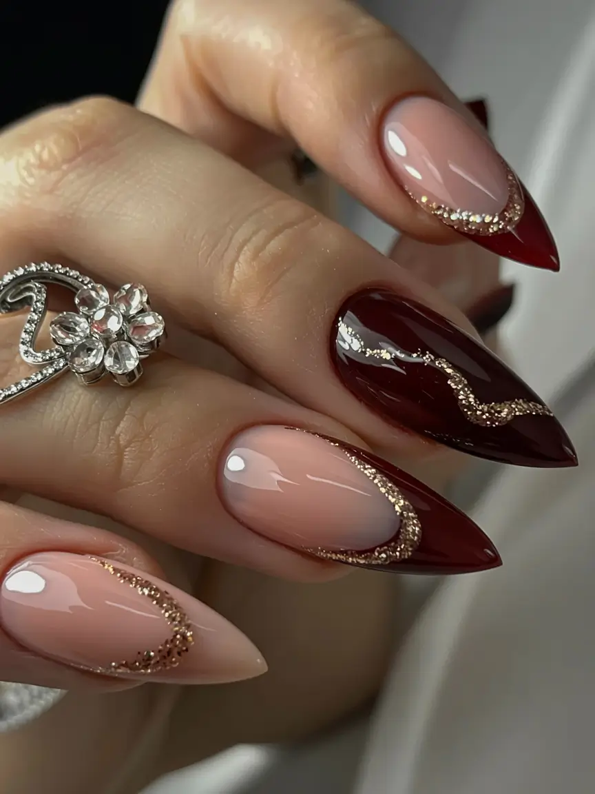 red fall nails 2025 Gold-Touched Wine