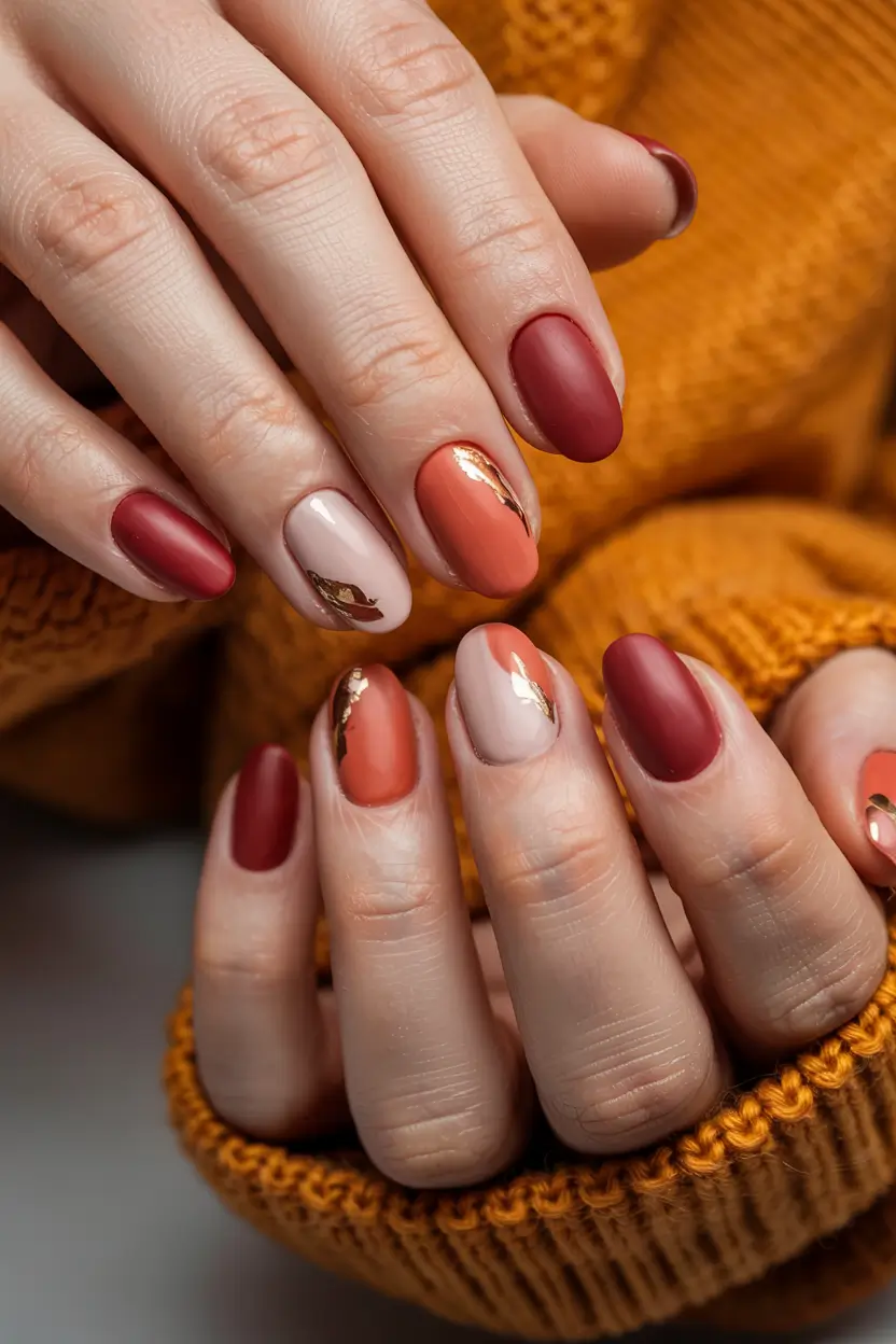 round fall nails 2025 Matte Harvest Mix with Gold Leaf