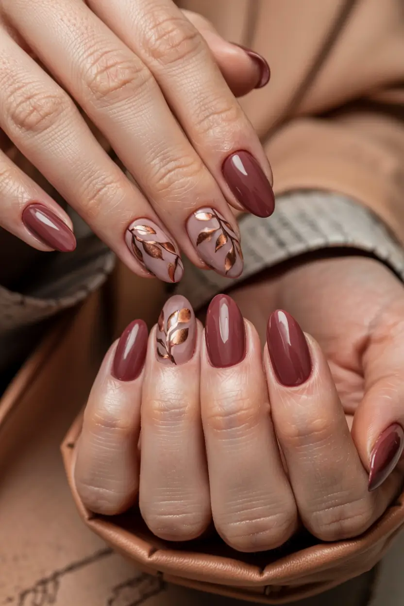 round fall nails 2025 Rosy Bronze Leaf Accents