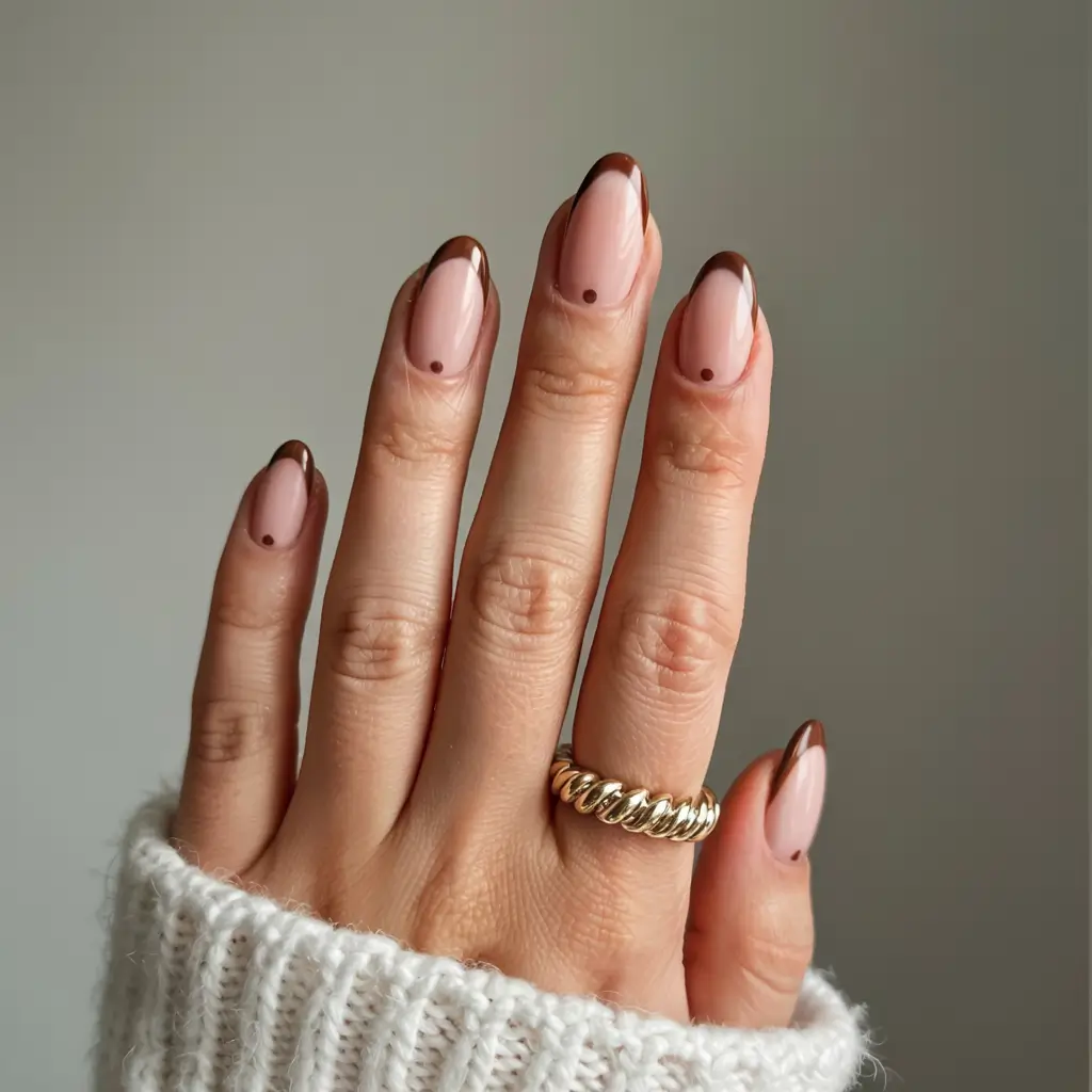 round fall nails 2025 Mocha French with Minimal Dot
