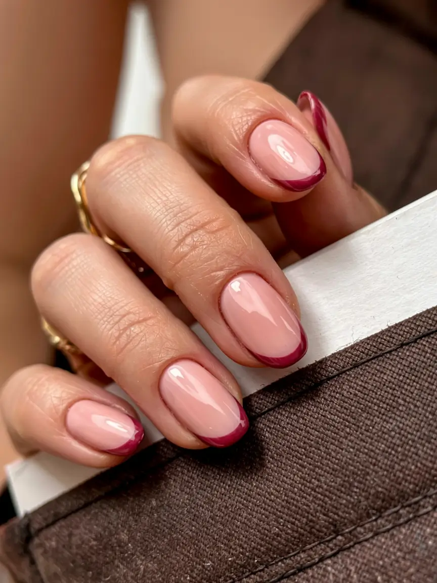 round fall nails 2025 Burgundy-Tipped Blush Elegance