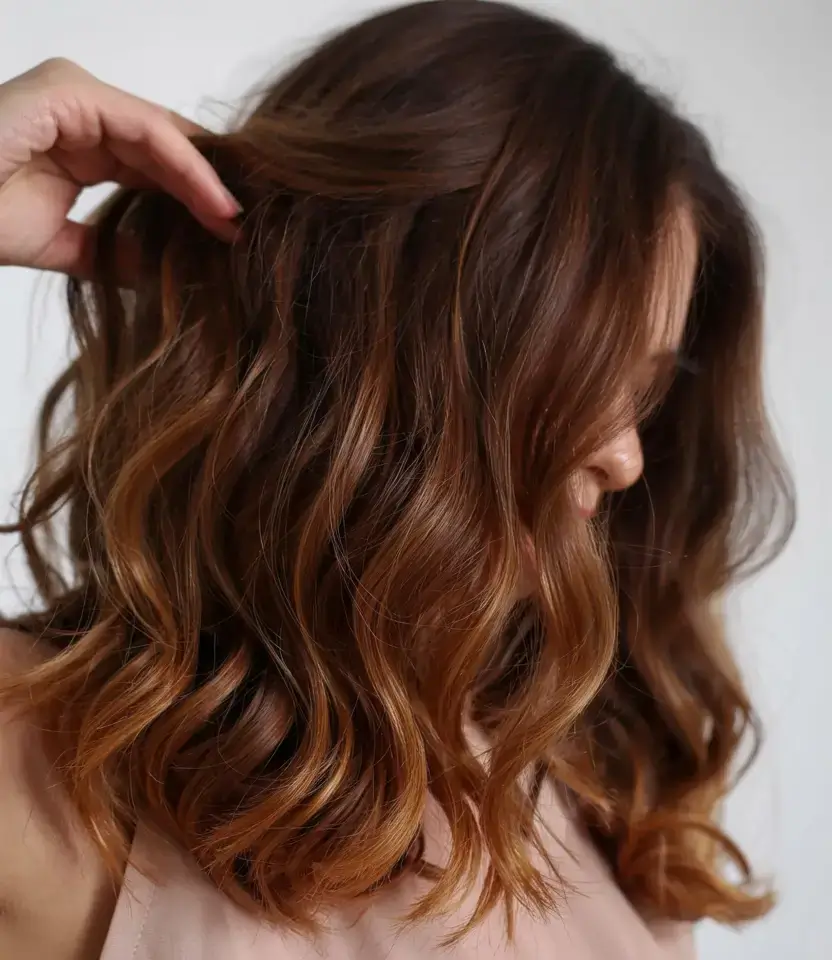 september hair color ideas fall trends for 2025+Amberwood Glow with Soft Waves