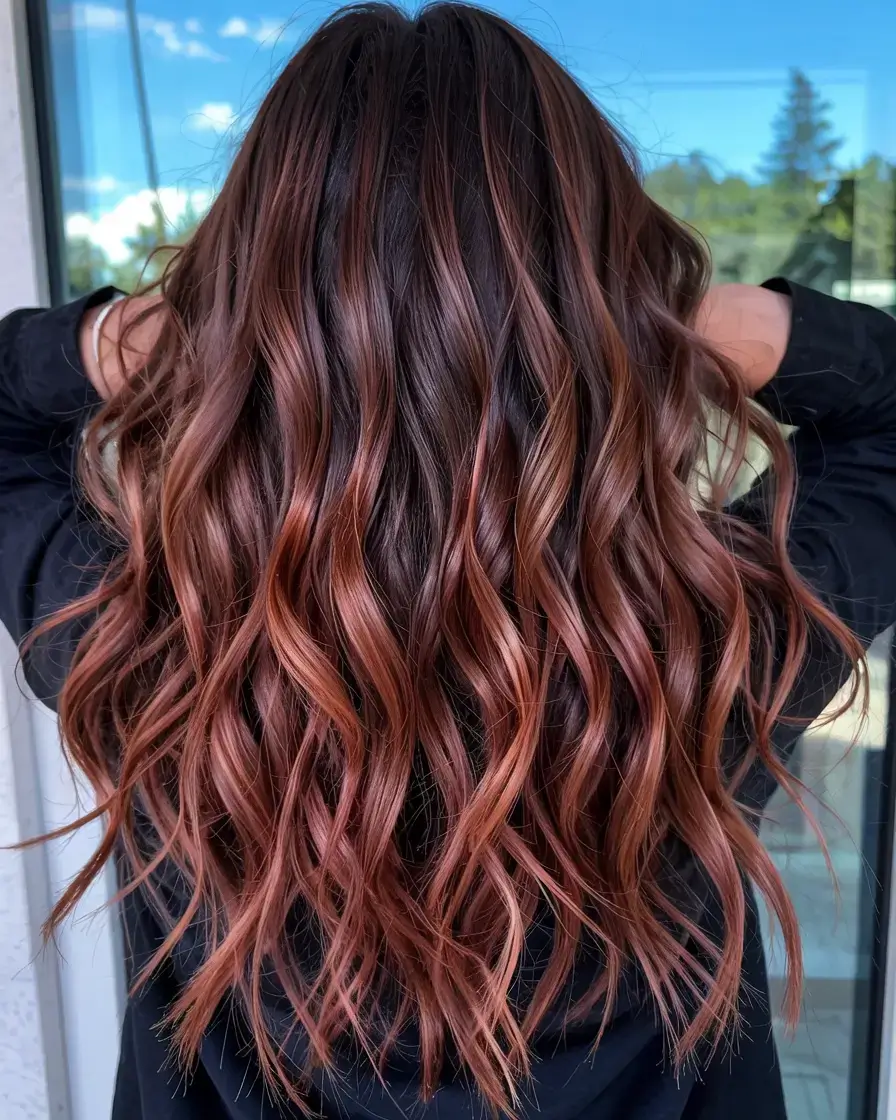 september hair color ideas fall trends for 2025+Dark Cherry Melt with Glossy Finish