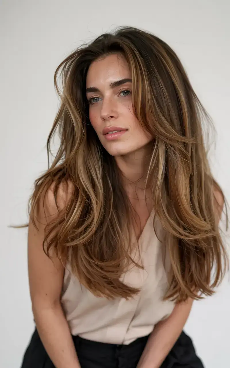 september hair color ideas fall trends for 2025+Cappuccino Blowout with Seamless Lowlights