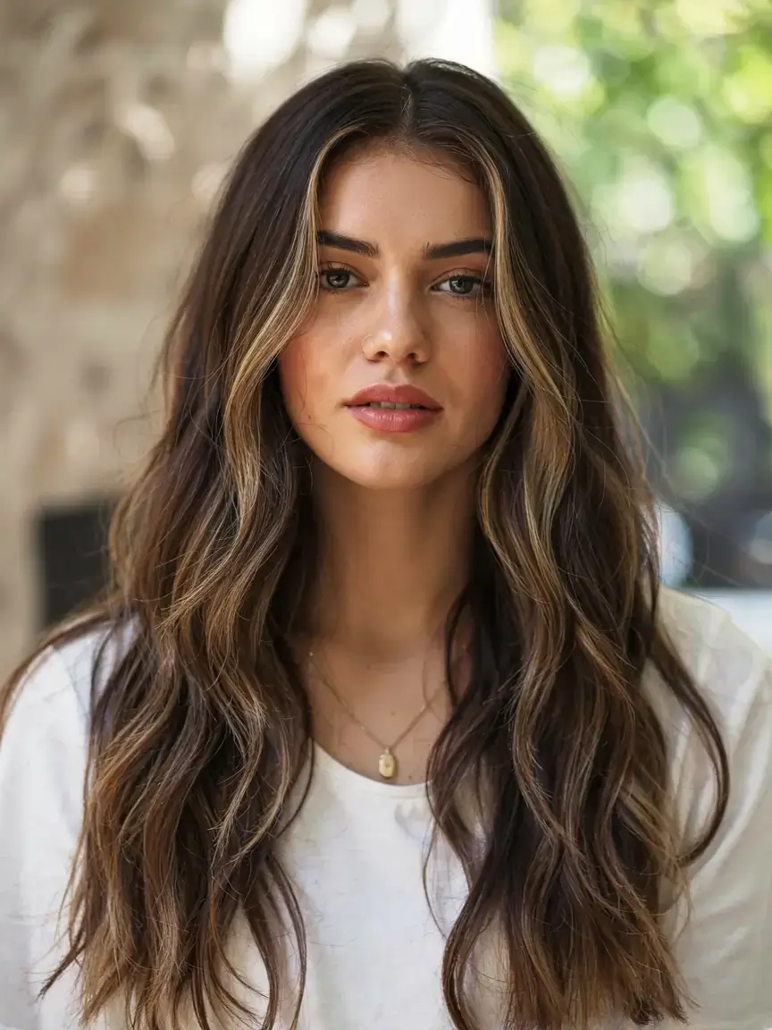 september hair color ideas fall trends for 2025+Hazelnut Brunette with Champagne Veils
