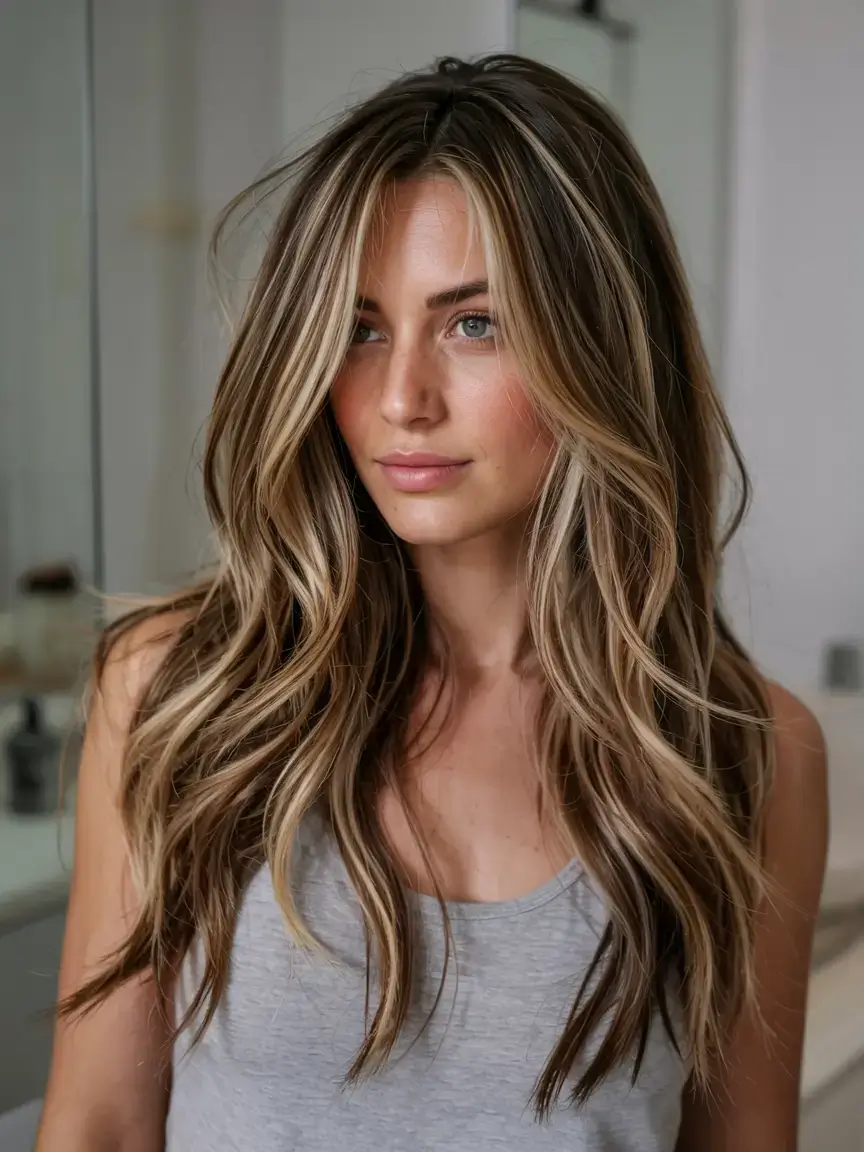 september hair color ideas fall trends for 2025+Bronzed Beige Layers with Shadow Root